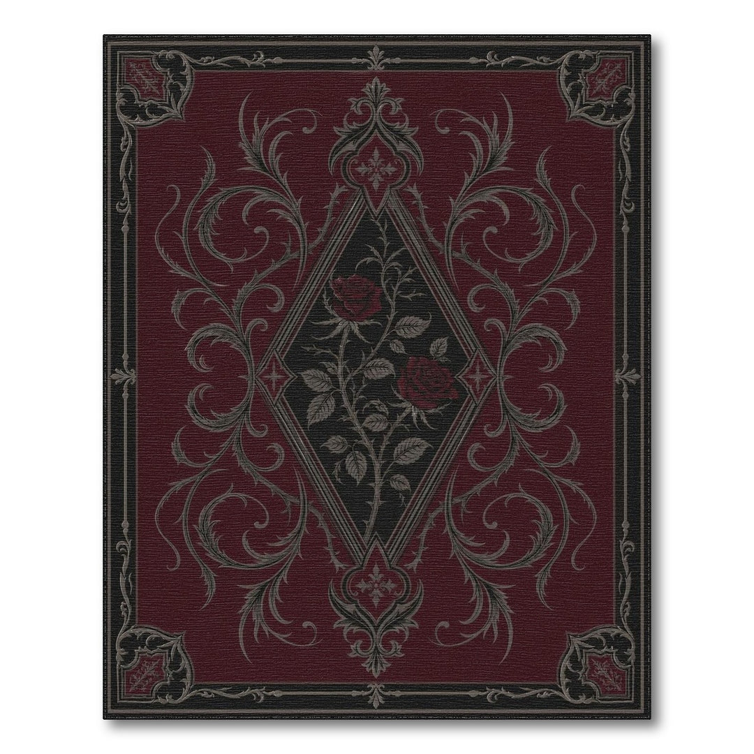 Red Floral Vintage Area Rug with Silver Roses