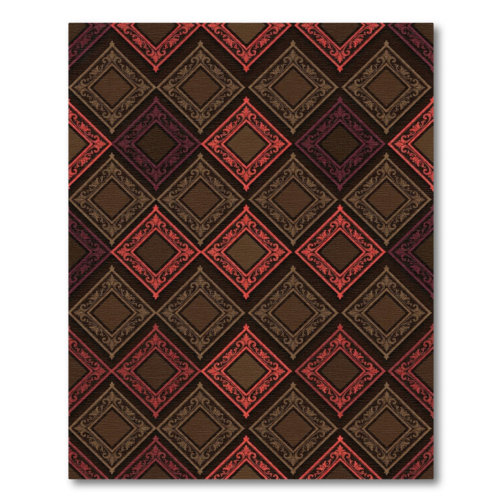 Deep Red Brown Scrollwork Diamond Rug
