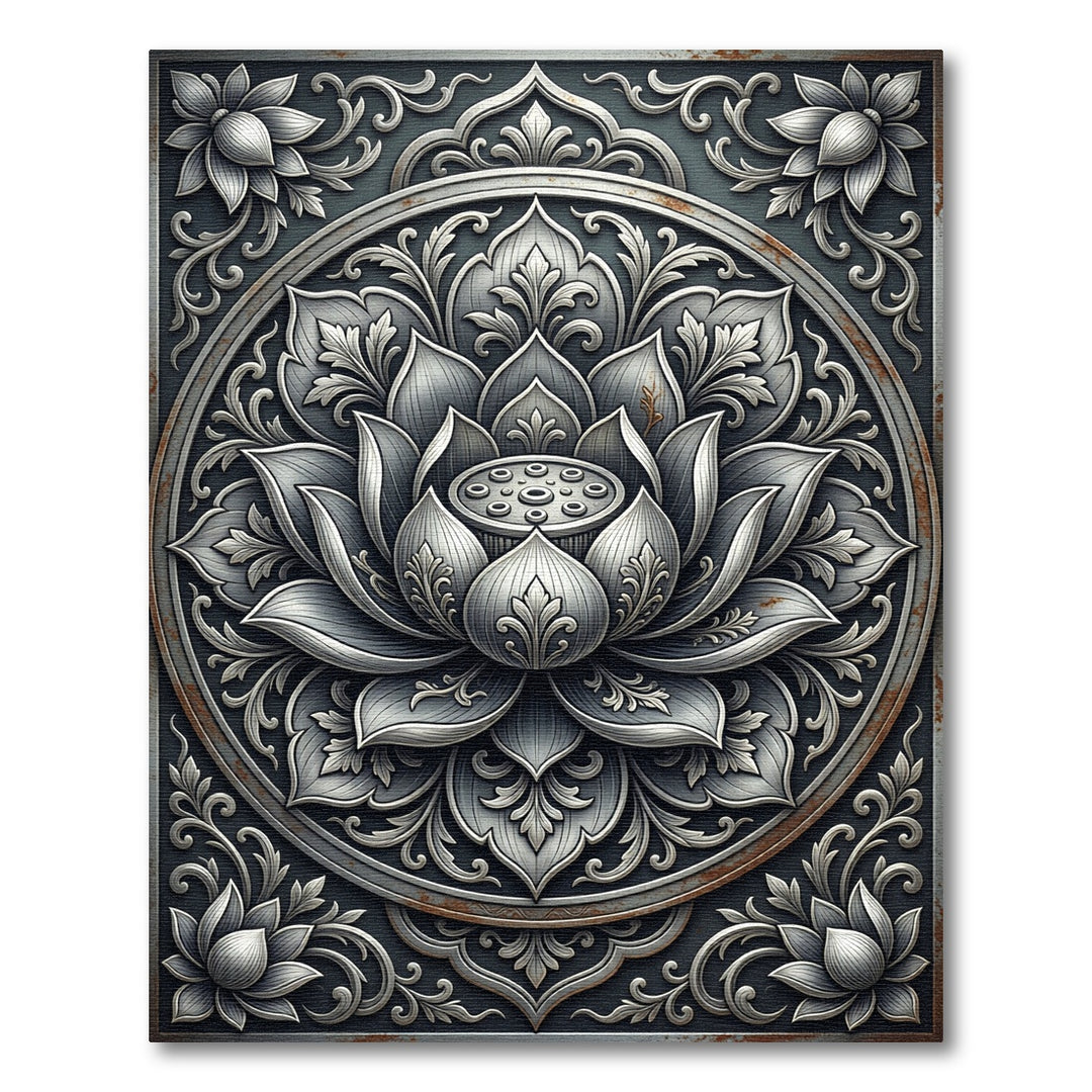 Ornate Silver Lotus Mandala Rug