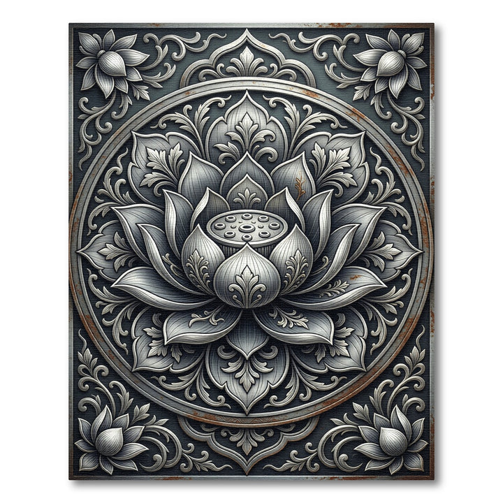 Ornate Silver Lotus Mandala Rug