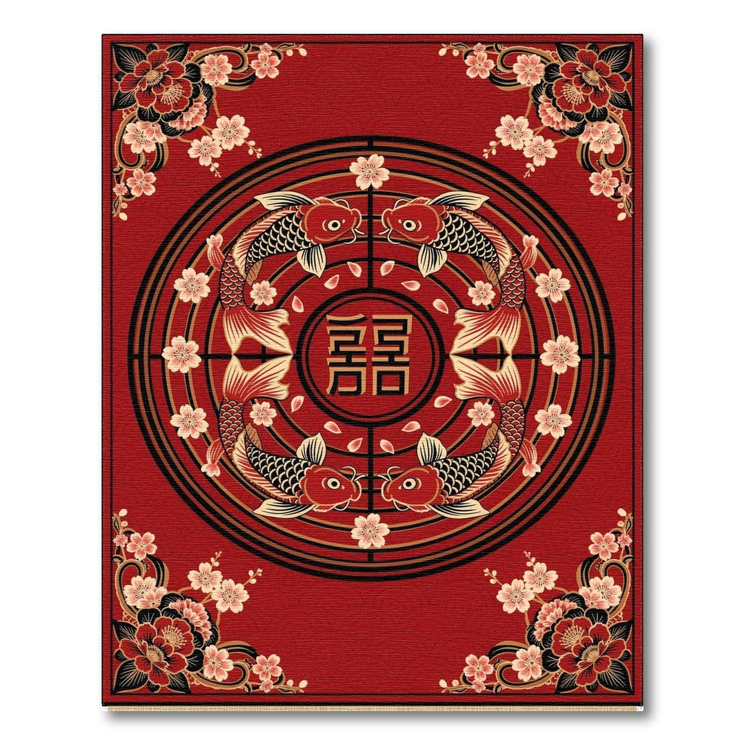Red Koi Fish Cherry Blossom Area Rug