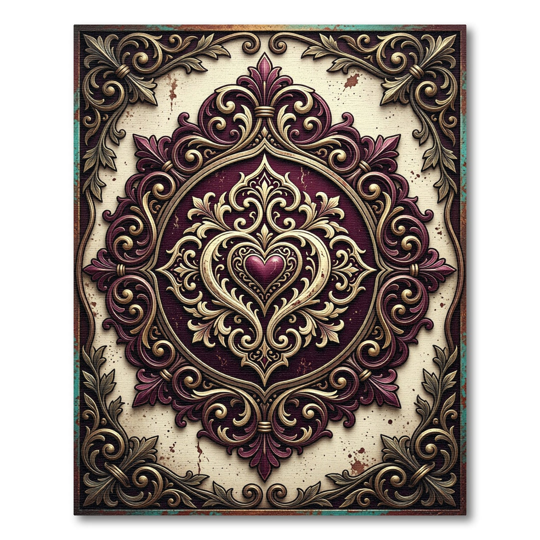 Ornate Gold Heart Damask Area Rug