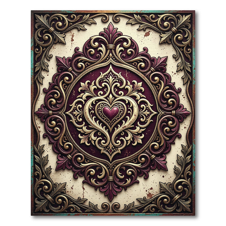 Ornate Gold Heart Damask Area Rug