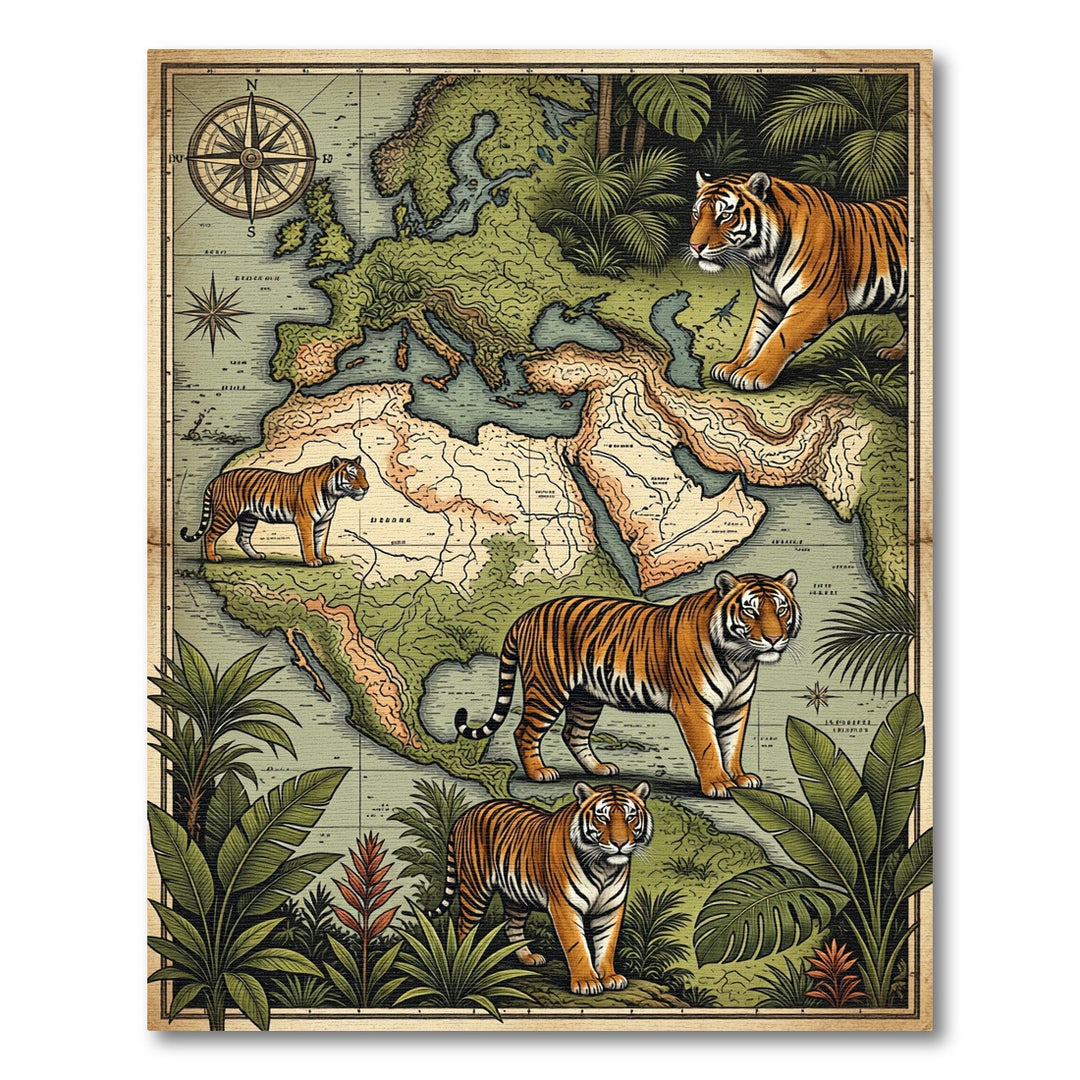 Vintage Tiger Jungle World Map Rug