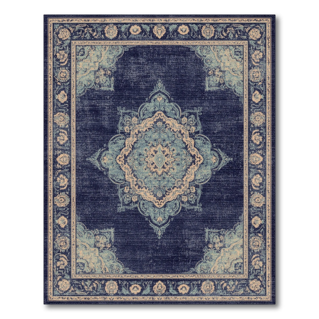 Blue Teal Distressed Vintage Medallion Rug