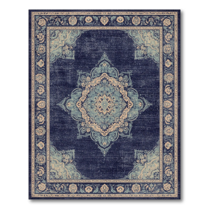 Blue Teal Distressed Vintage Medallion Rug
