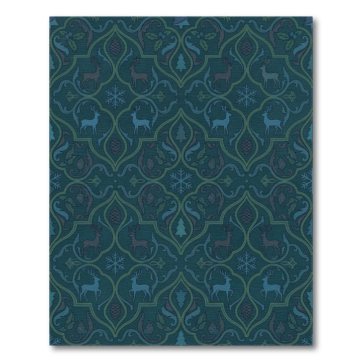 Deep Teal Reindeer Winterscape Damask Rug