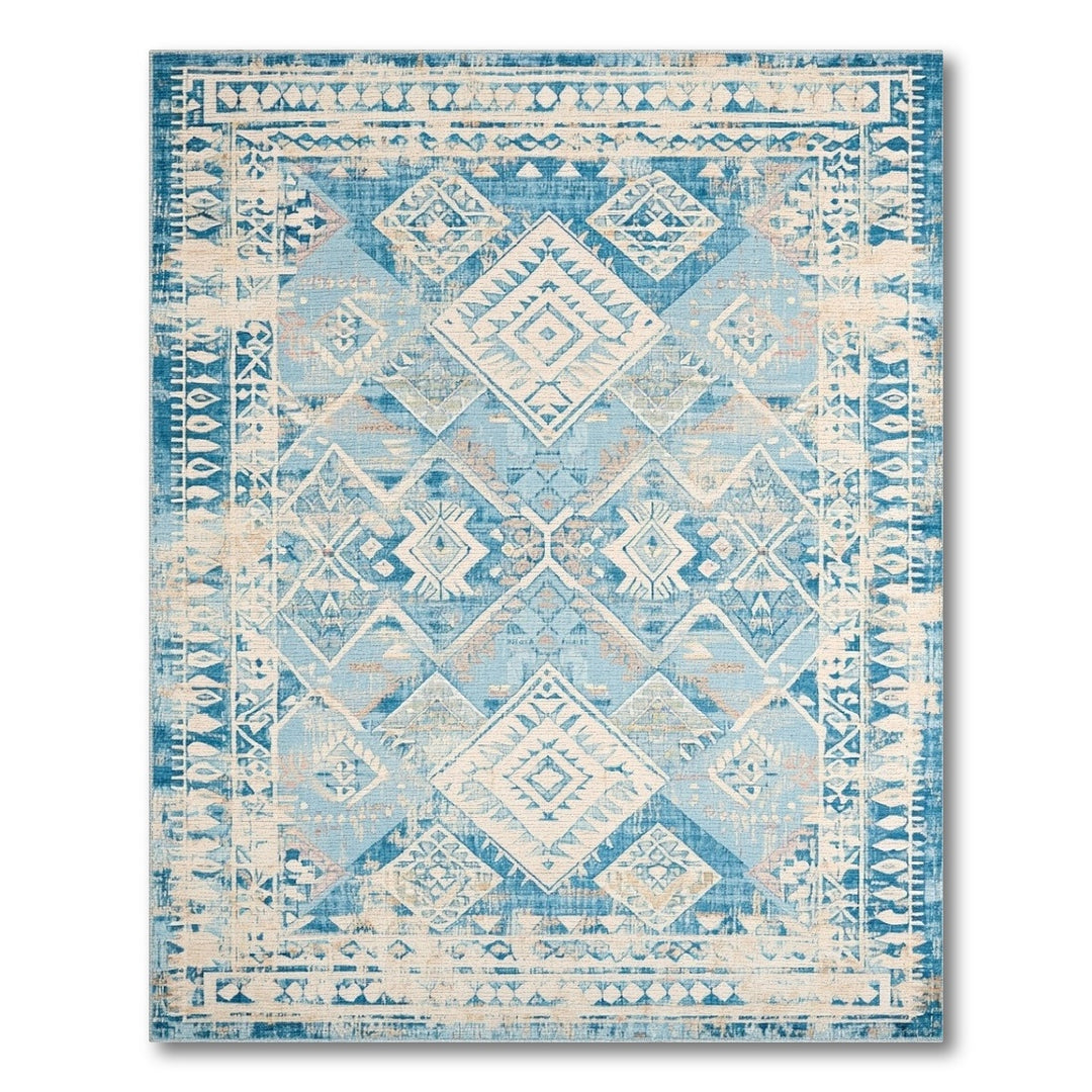 Distressed Blue Diamond Geometric Area Rug