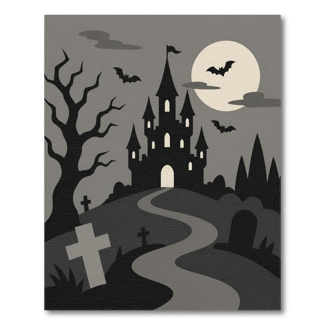 Black and White Spooky Haunted Castle Halloween Area Rug