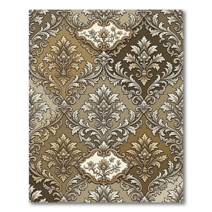 Ornate Gold Brown Damask Medallion Rug