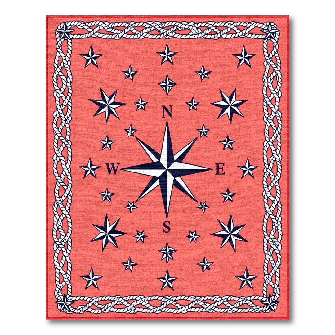 Red Nautical Compass Rope Border Area Rug