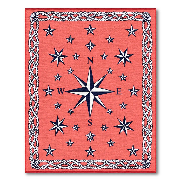 Red Nautical Compass Rope Border Area Rug