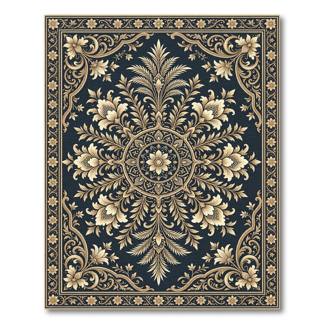Golden Floral Scrollwork Dark Vintage Rug