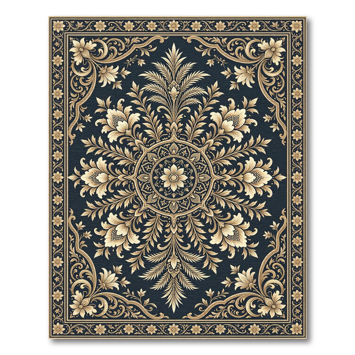 Golden Floral Scrollwork Dark Vintage Rug