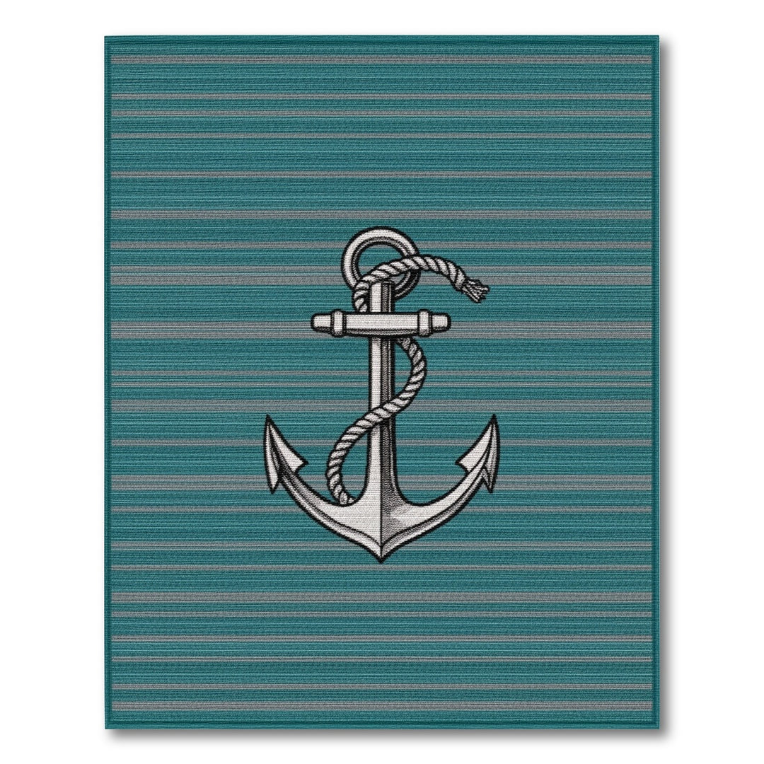 Nautical Anchor Teal Striped Area Rug