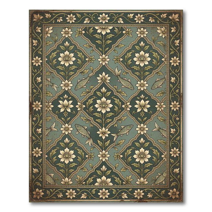 Elegant Teal Floral Fish Rug