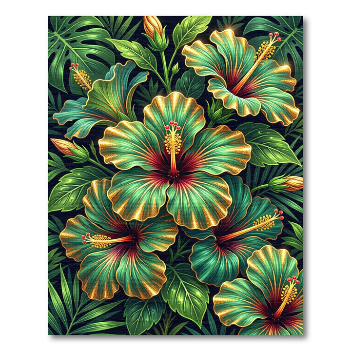 Emerald Gold Hibiscus Tropical Foliage Rug