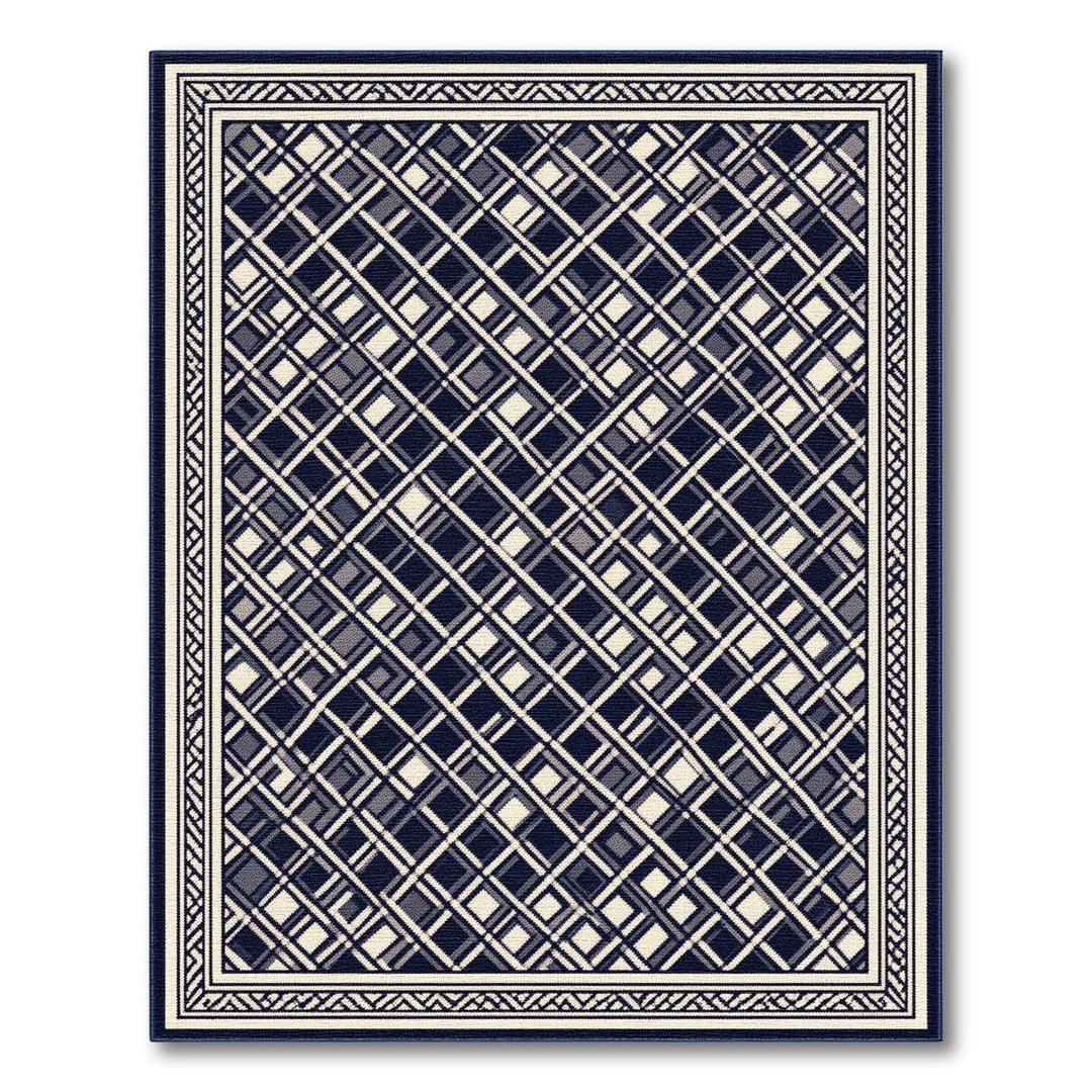 Navy Geometric Plaid Washable Area Rug