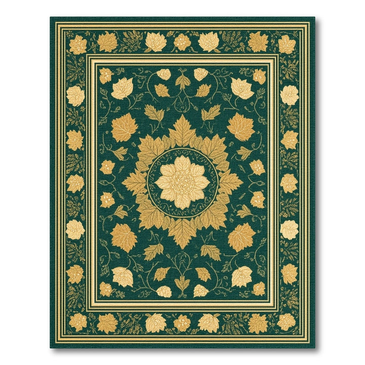 Green Floral Vintage Area Rug with Gold Medallion