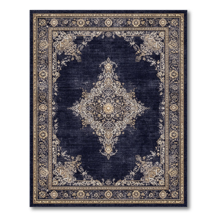 Navy Blue Persian Medallion Area Rug with Gold Accents