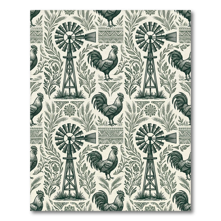 Farmhouse Windmill Rooster Garden Folk Art Rug