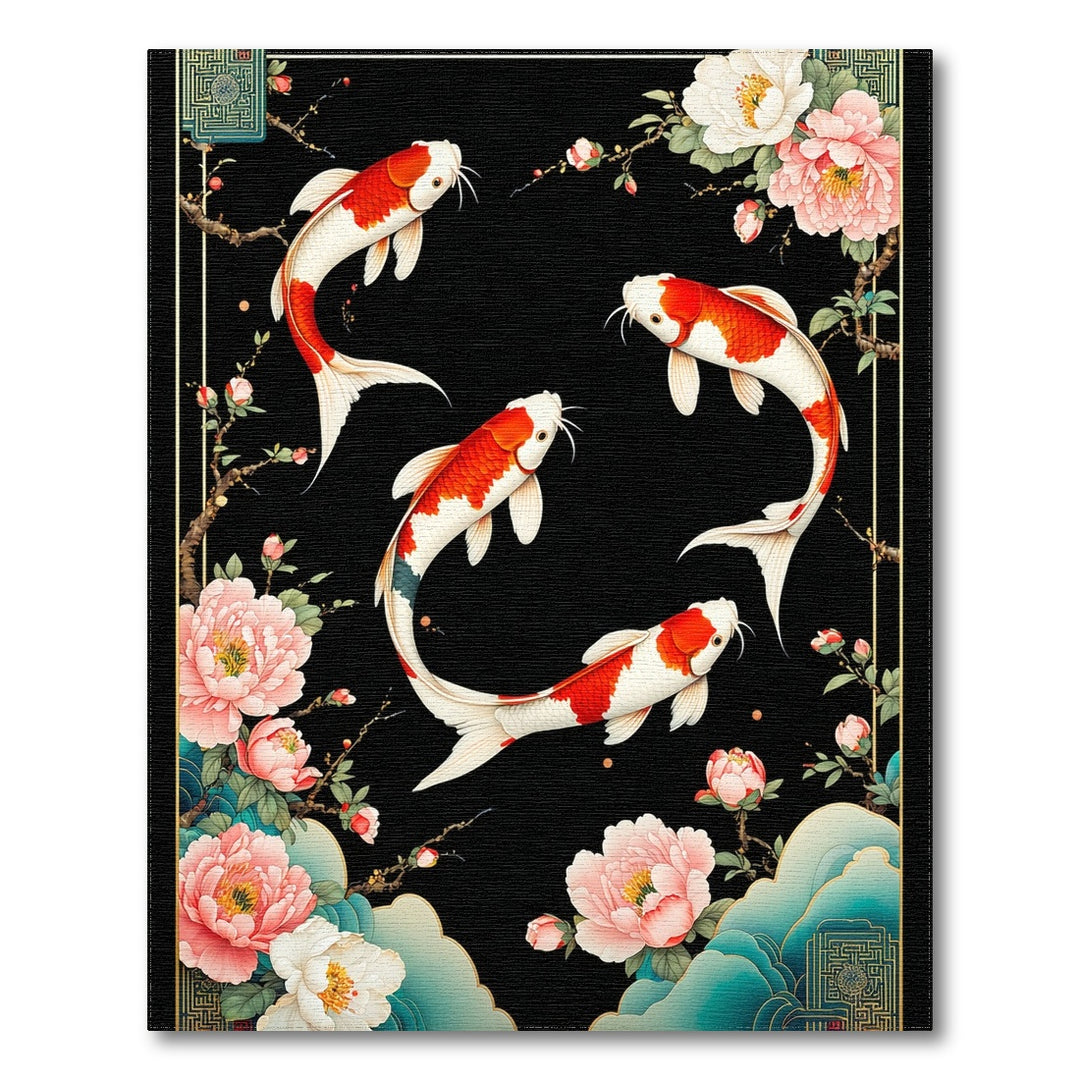 Koi Fish Peony Black Area Rug