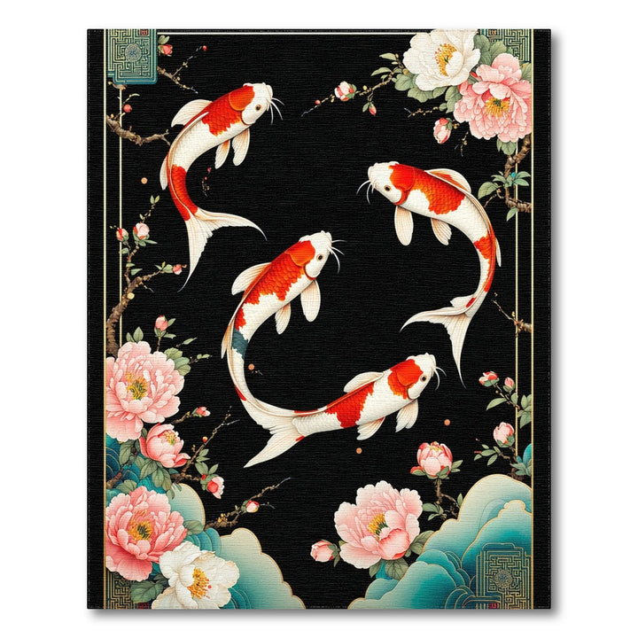 Koi Fish Peony Black Area Rug