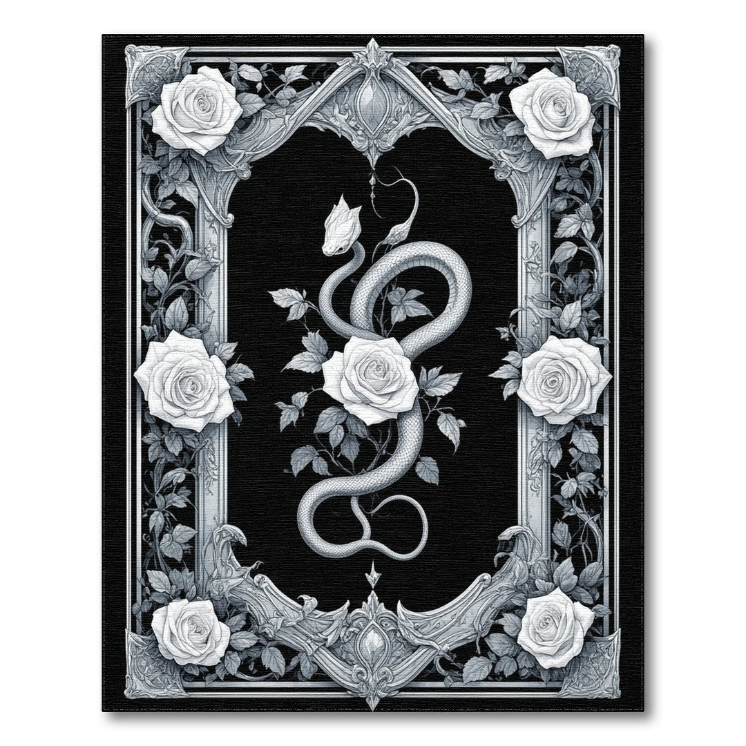 Black White Serpent Rose Ornate Area Rug
