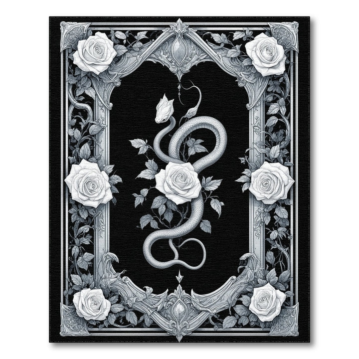 Black White Serpent Rose Ornate Area Rug