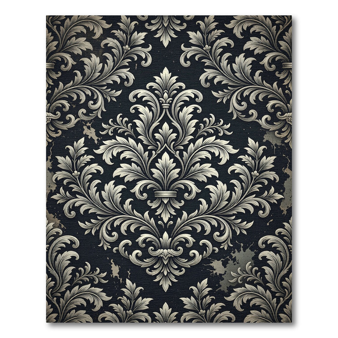 Ornate Black and White Damask Rug