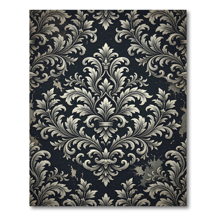 Ornate Black and White Damask Rug
