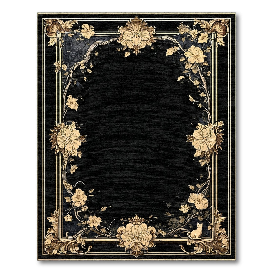 Black Floral Vintage Area Rug with Gold Border