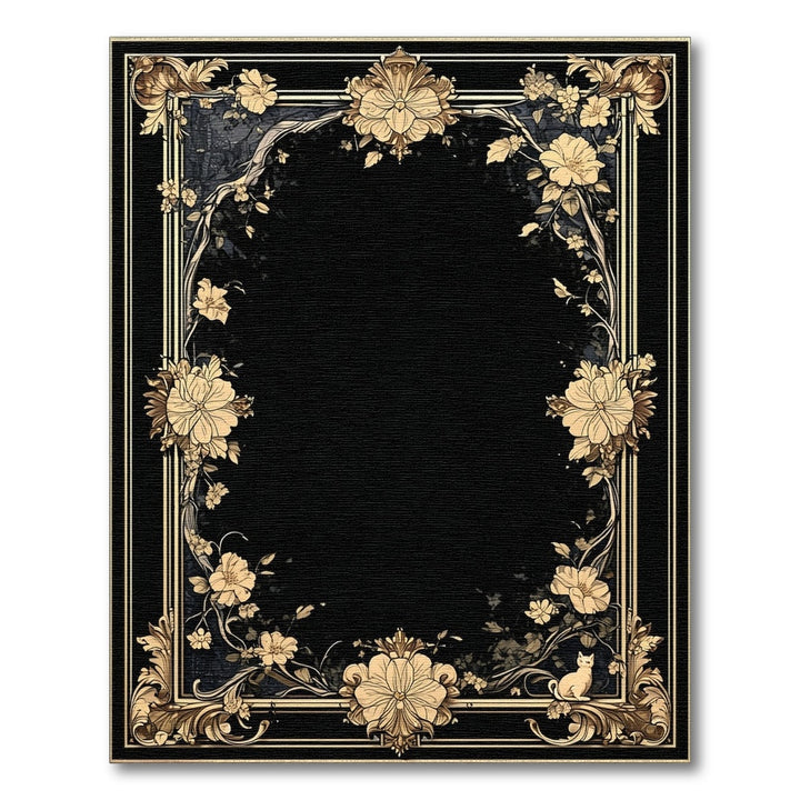 Black Floral Vintage Area Rug with Gold Border