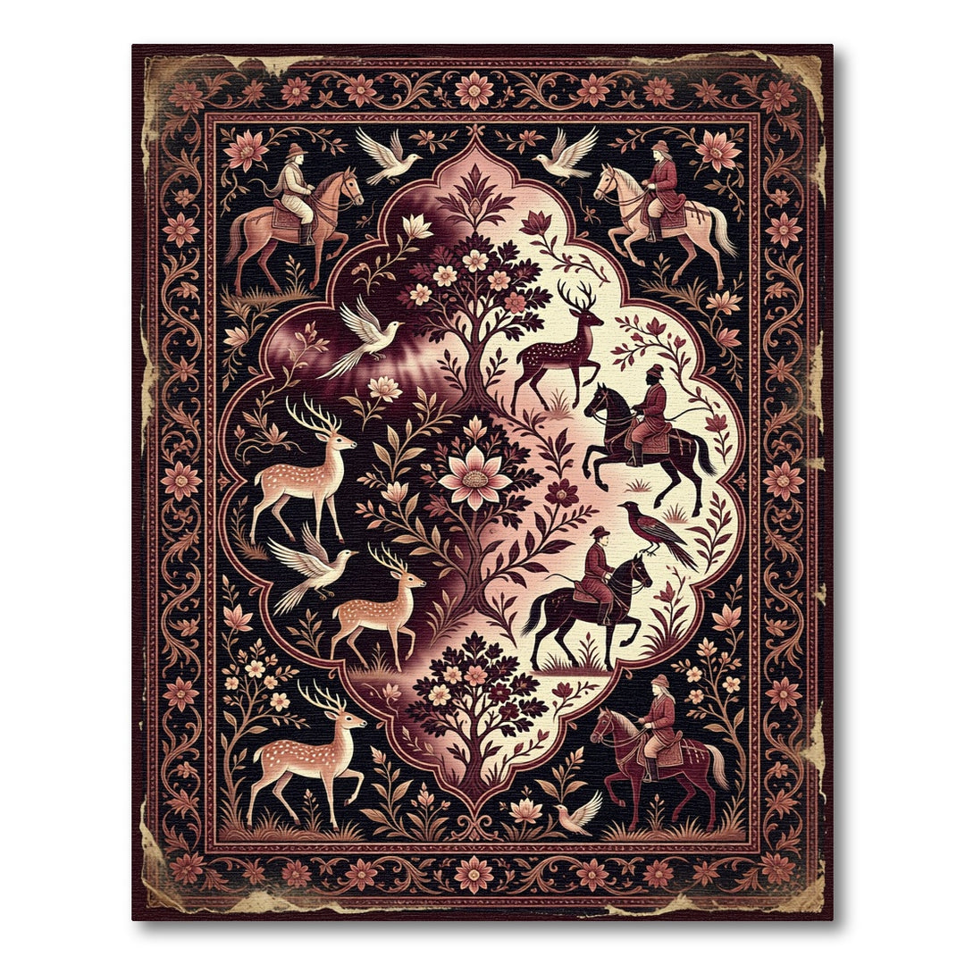 Vintage Crimson Hunting Scene Rug