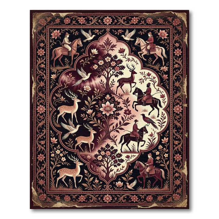 Vintage Crimson Hunting Scene Rug
