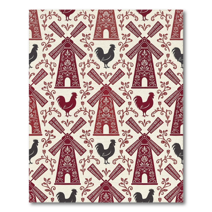 Country Red Windmill Rooster Floral Rug
