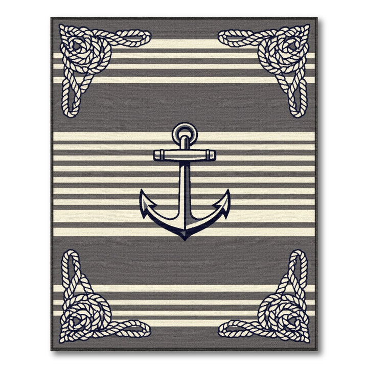 Grey Striped Nautical Anchor Area Rug