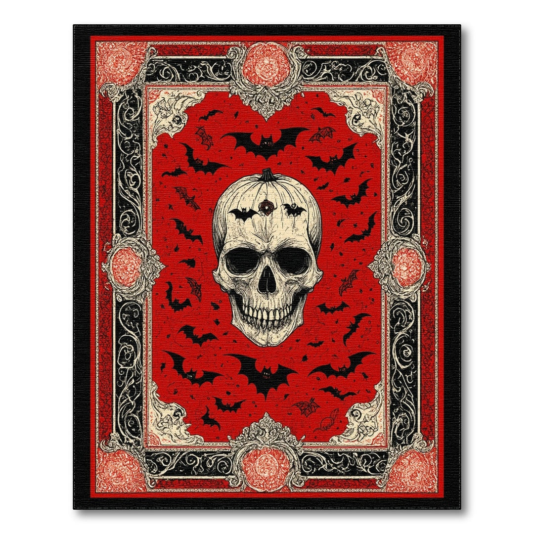 Red Gothic Skull Bat Area Rug