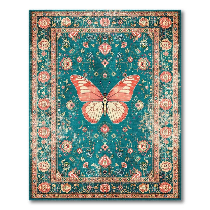 Vintage Teal Butterfly Floral Area Rug