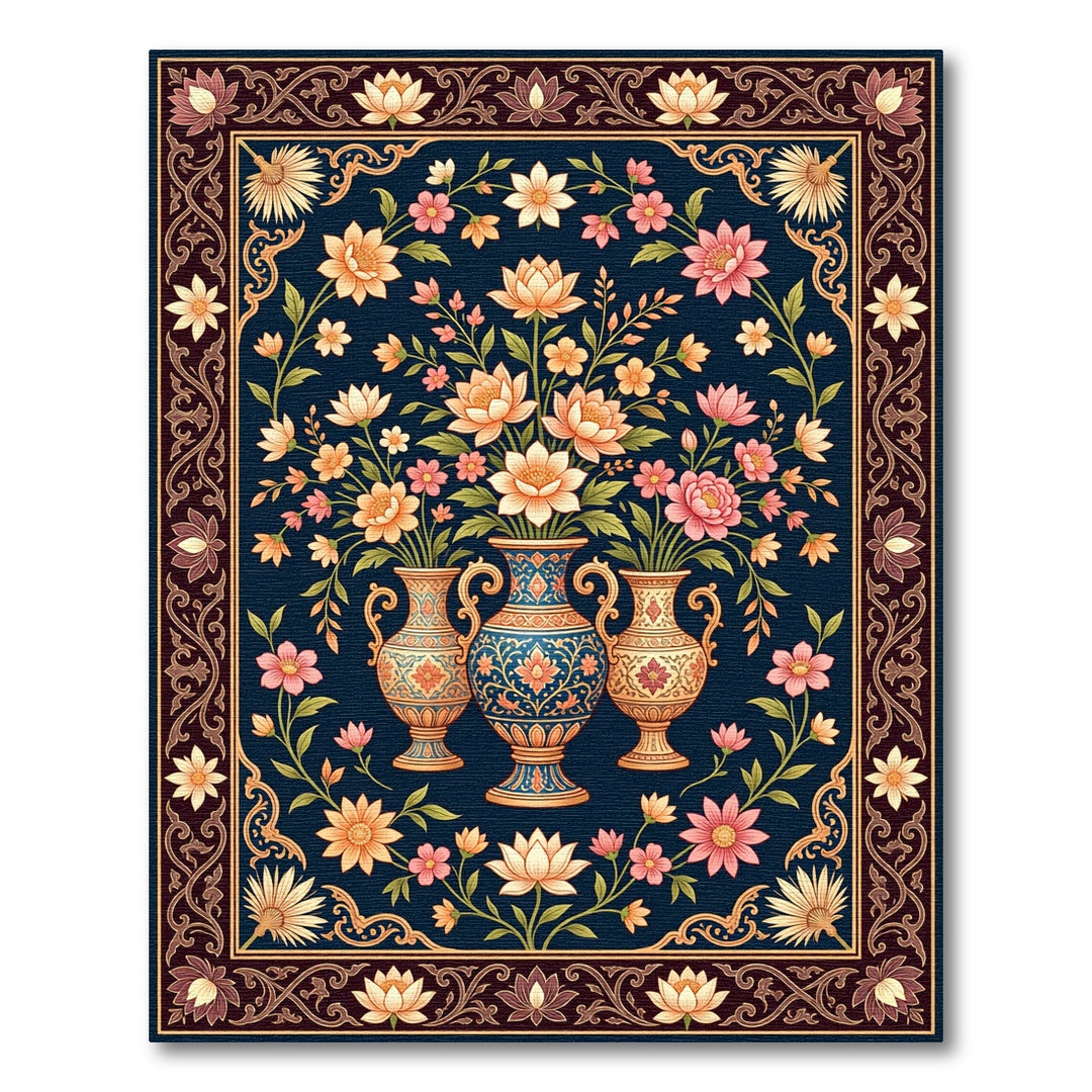 Ornate Blue Vase Floral Arrangement Rug