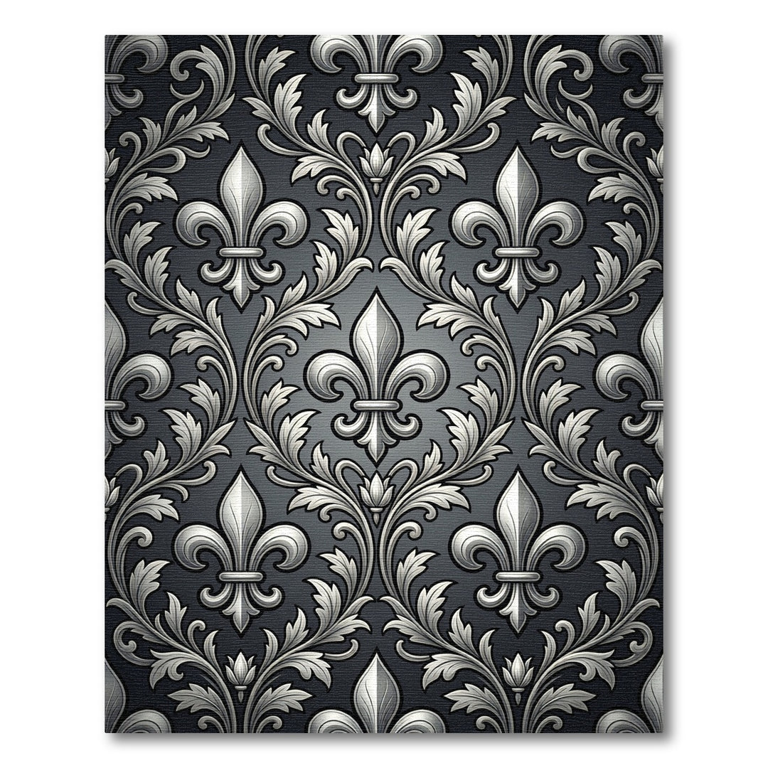 Ornate Silver Fleur-de-lis Damask Rug