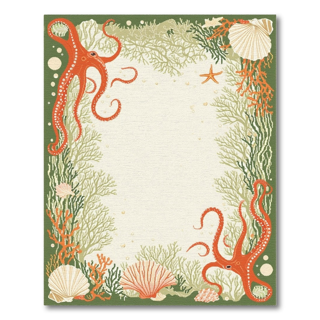 Red Octopus Coastal Green Area Rug