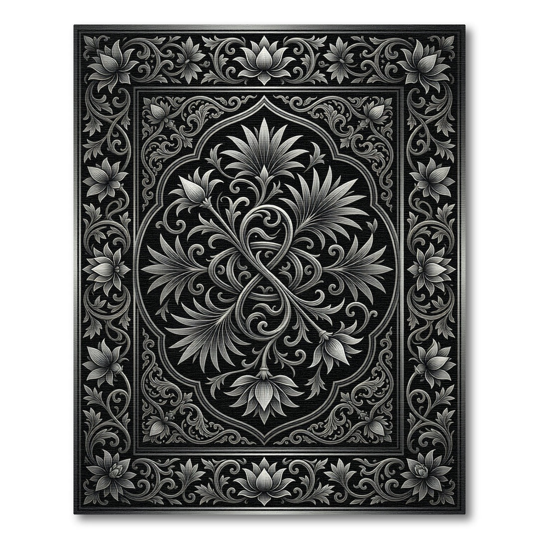Ornate Silver Floral Scroll Frame Rug
