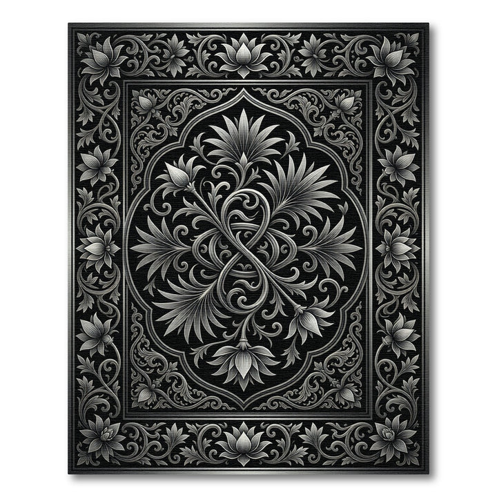 Ornate Silver Floral Scroll Frame Rug