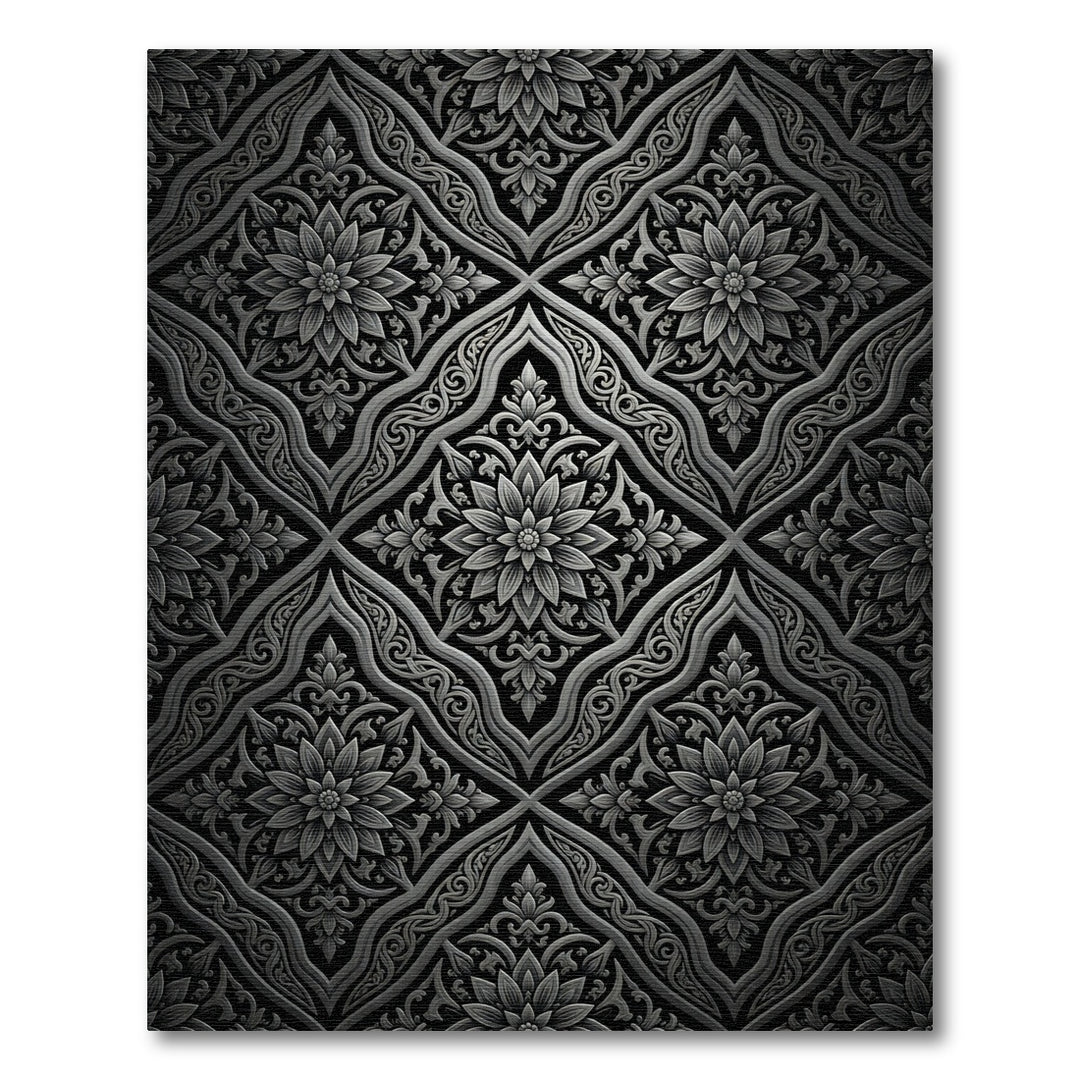 Ornate Black Silver Floral Medallion Rug