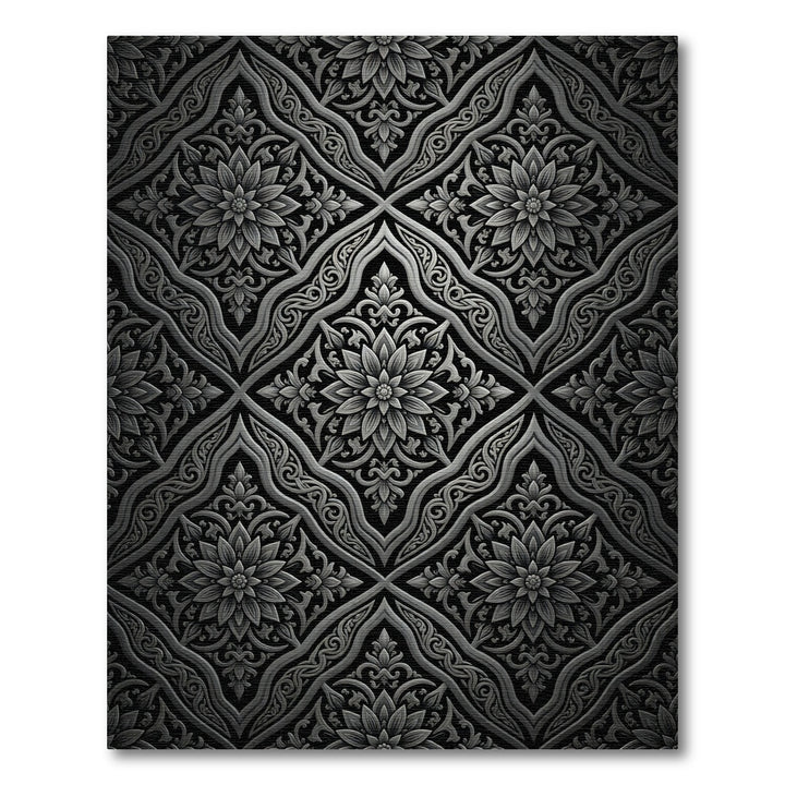 Ornate Black Silver Floral Medallion Rug