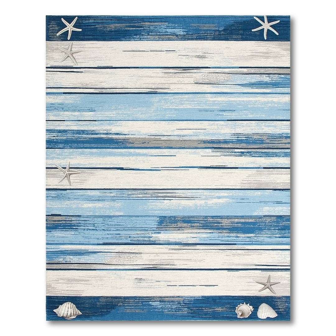Blue Coastal Starfish Striped Area Rug