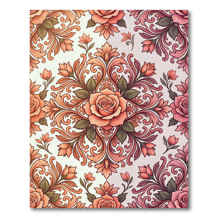 Coral Pink Rose Botanical Damask Rug