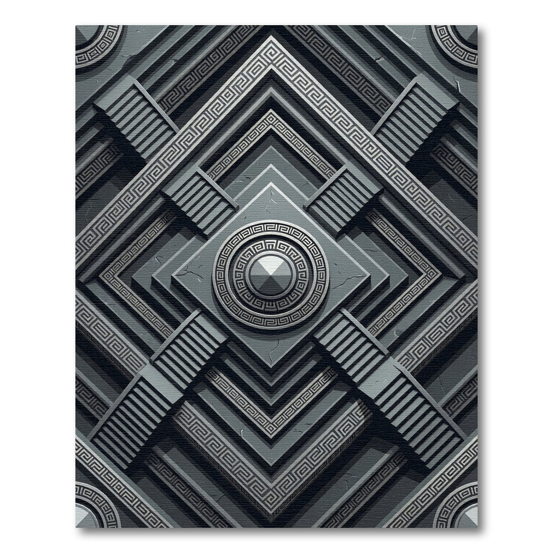 Gray Greek Key Geometric Medallion Rug