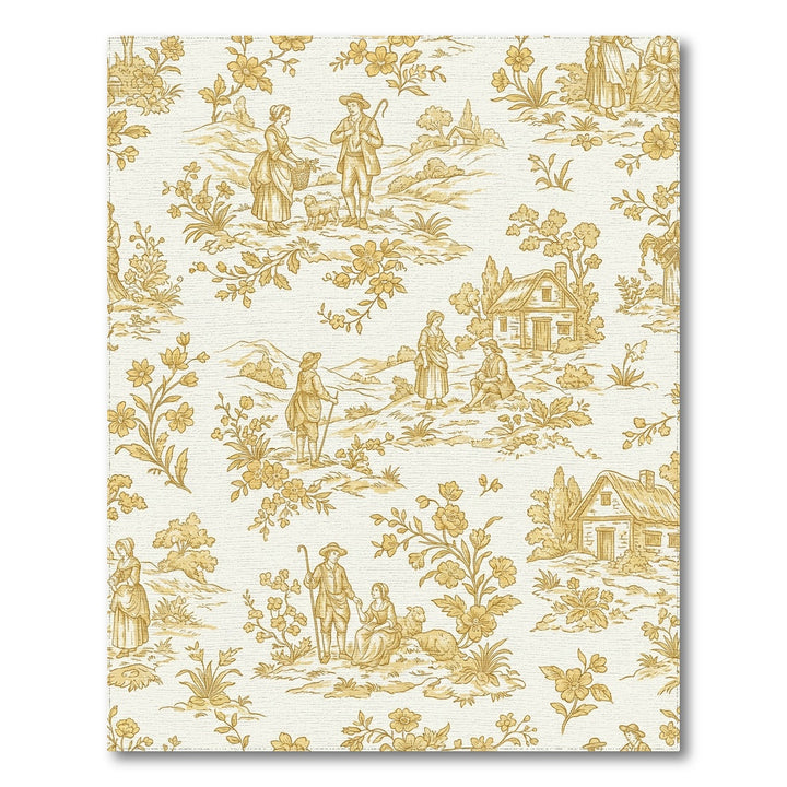 Vintage Ochre Pastoral Village Scene Rug
